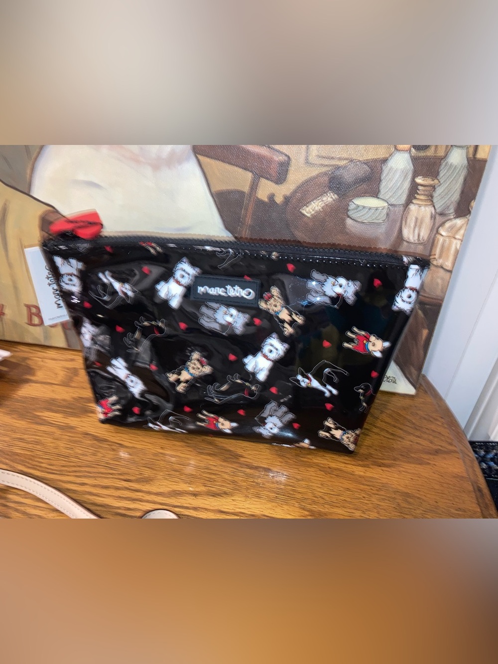 Marc Tetro Dog Print Cosmetic Bag with Heart Zipper Pull - NWT